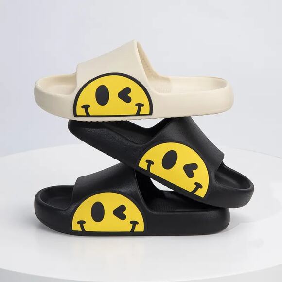 Black Smiley Cushion Slides, Light, Non-Slip Slippers - Picture 3 of 5